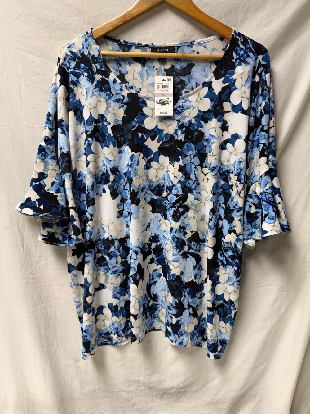 NWT Alfani Women’s Blue Floral Shirt With Ruffled Sleeves Size 1X